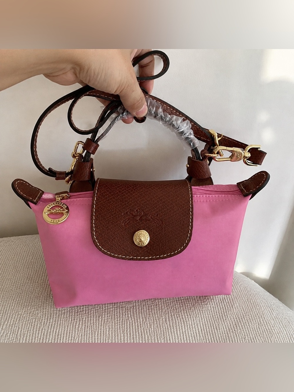 Longchamp Pink Nylon Mini Handbag with Brown Leather Flap - Picture 1 of 4